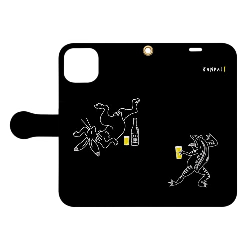 名画 × BEER（鳥獣戯画）白線画-黒 Book-Style Smartphone Case
