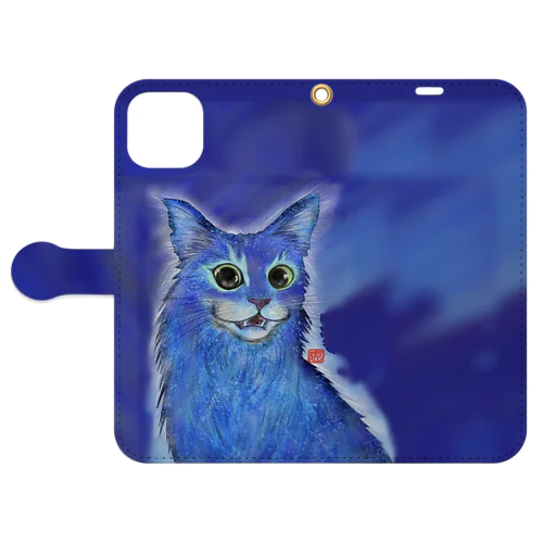 青い猫iPhone15Plus 手帳型スマホケース