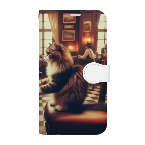 ヴィンテージなカフェでピアノを弾いている猫 Book-Style Smartphone Case