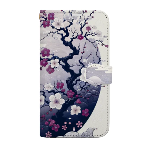 白背景の和風夜景 - 月と梅と鶴 Book-Style Smartphone Case