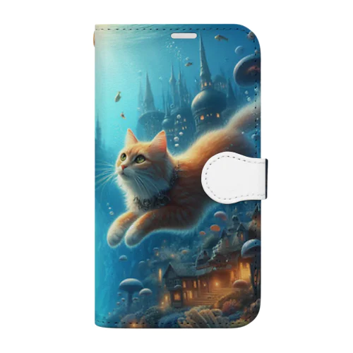 海底都市を泳いで冒険中している猫 Book-Style Smartphone Case