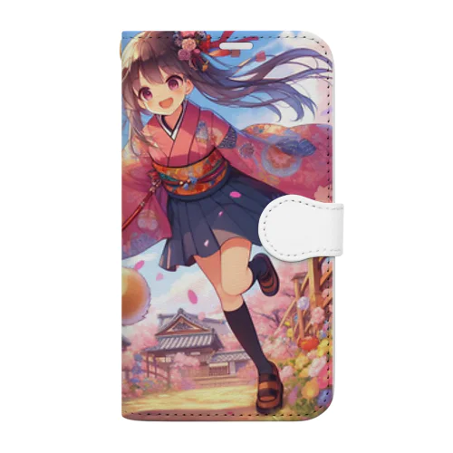 桜の中を犬と走る女の子 Book-Style Smartphone Case