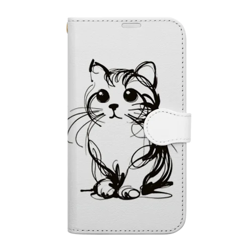 一筆書きで描かれたかわいい猫のイラスト Book-Style Smartphone Case