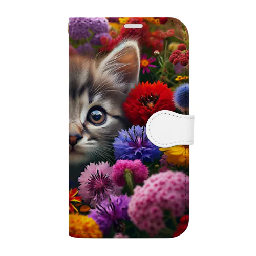 子猫と色とりどりの花畑 Book-Style Smartphone Case