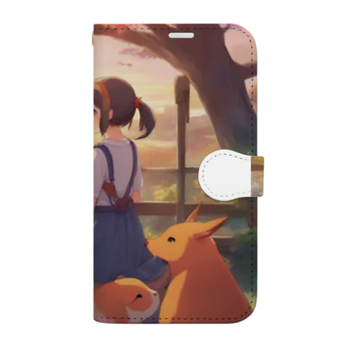 女の子と動物、眺める夕日 Book-Style Smartphone Case