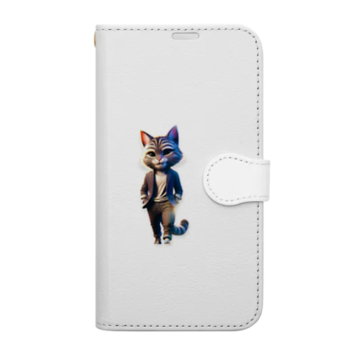 このイラストは、スタイリッシュでクールな猫の擬人化が描かれています。 Book-Style Smartphone Case