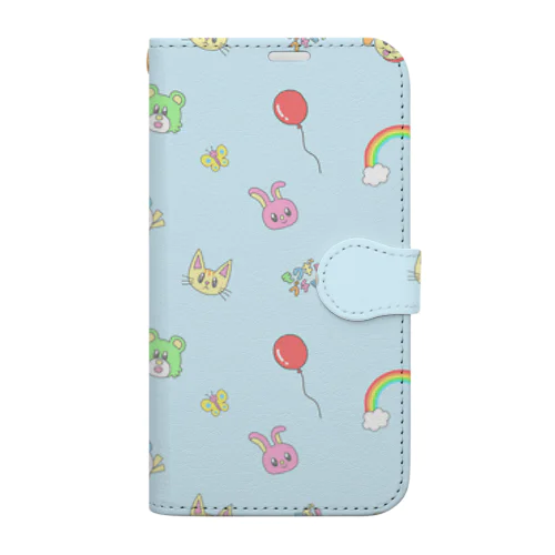 ゆるゆるアニマル総柄さんブルー Book-Style Smartphone Case