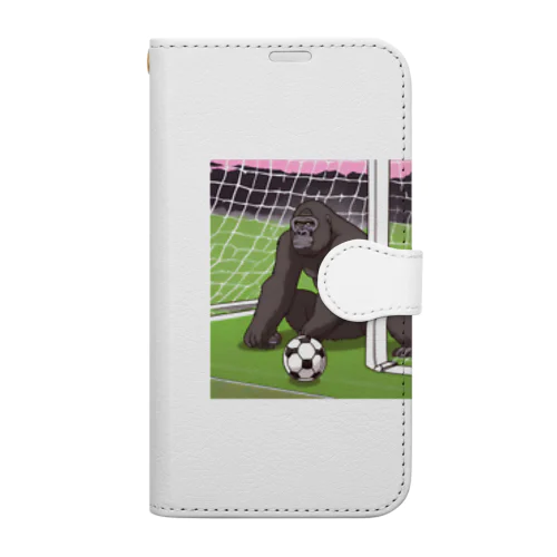 サッカーでゴールを守る白黒のゴリラ Book-Style Smartphone Case