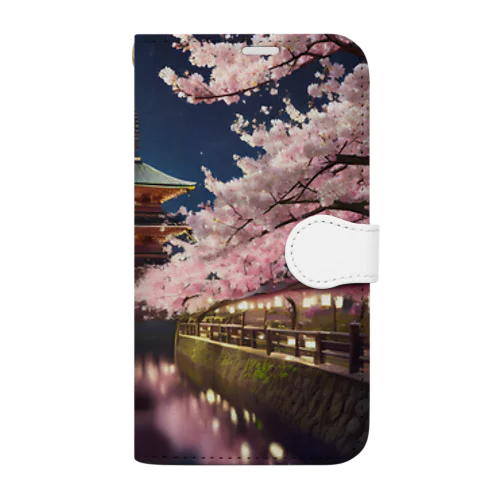  月明かりの下の桜 手帳型スマホケース