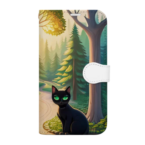 黒猫　エメラルドの瞳　森の中 Book-Style Smartphone Case