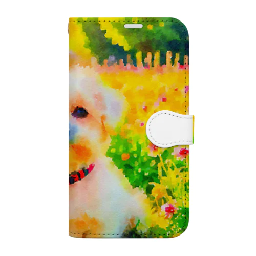 水彩画の犬 花畑のマルチーズのイラスト Book-Style Smartphone Case