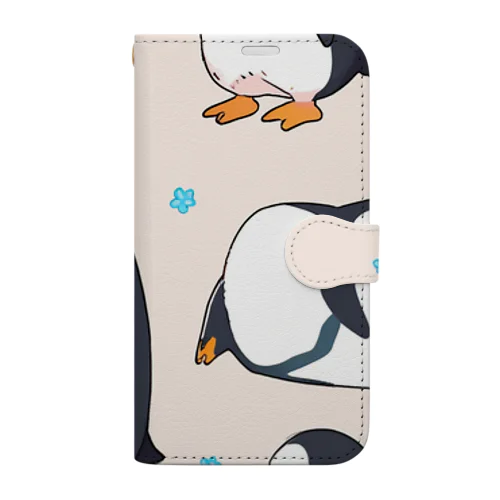 花を持ったかわいいペンギン 手帳型スマホケース