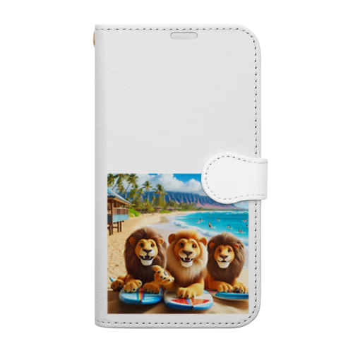 ハワイのリゾートビーチでサーフィンを楽しむ陽気なライオン達④ Book-Style Smartphone Case