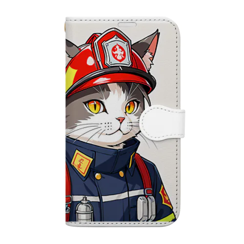 働く猫：消防士 手帳型スマホケース
