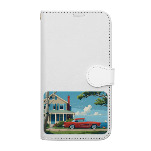 赤いコルベットと海辺の家　－　red corvette and seaside house　－ Book-Style Smartphone Case