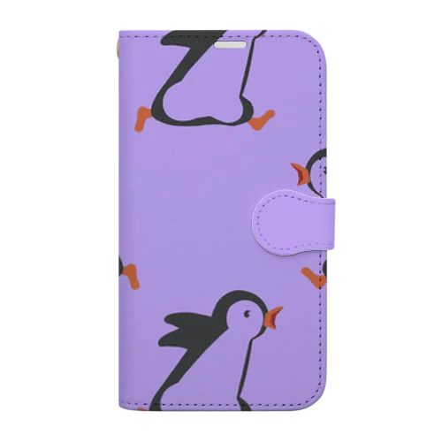 走るペンギン、紫 手帳型スマホケース