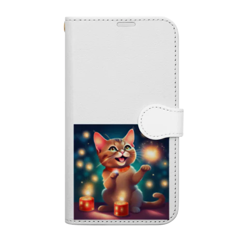 花火で遊ぶかわいい猫ちゃん Book-Style Smartphone Case