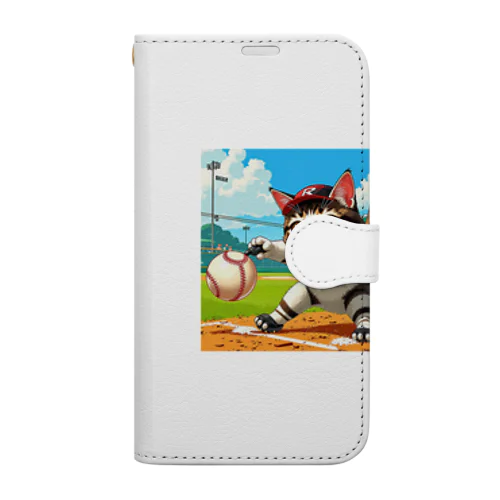 もうすぐ甲子園！野球の練習するニャンコ A Book-Style Smartphone Case