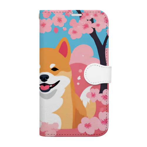 柴犬と桜の花びら 手帳型スマホケース