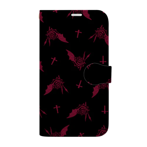 薔薇を吸う蝙蝠(総柄/レッド) Book-Style Smartphone Case