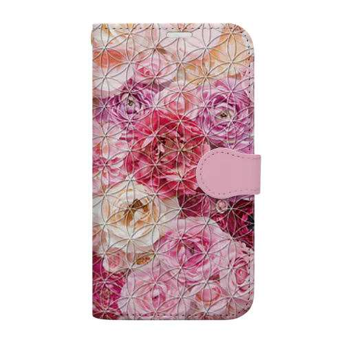 フラワーオブライフ【幸運、運気アップ】iPhoneケース、バラ柄、鮮やかなピンク花柄 Book-Style Smartphone Case