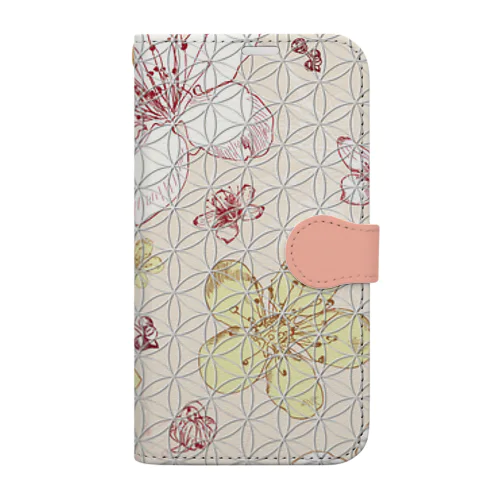 フラワーオブライフ【幸運、運気アップ】iPhoneケース、桜の花柄ピンク、大人っぽいデザイン Book-Style Smartphone Case