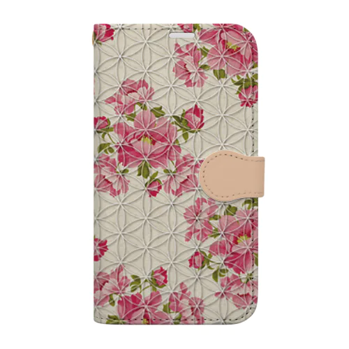 フラワーオブライフ【幸運、運気アップ】iPhoneケース、牡丹レトロ、かわいいピンク花柄 Book-Style Smartphone Case