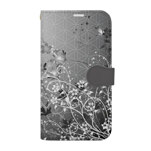 フラワーオブライフ【幸運、運気アップ】iPhoneケース、かっこいい花柄シルバー Book-Style Smartphone Case