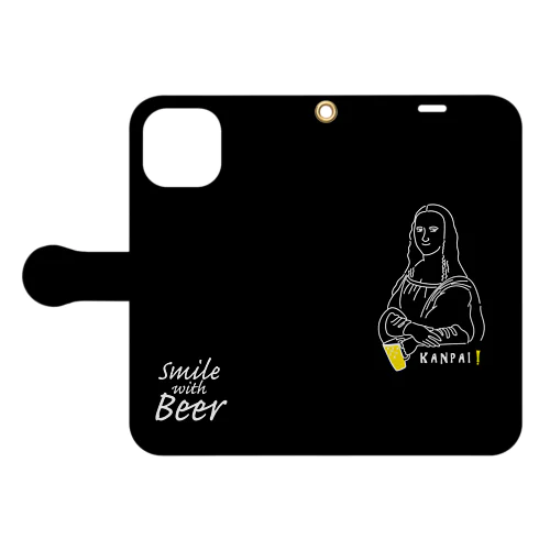 名画 × BEER（モナ・リザ）白線画-ブラック Book-Style Smartphone Case