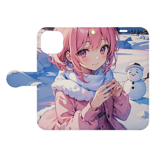 ピンク髪っ娘は雪だるま作りにご満悦!⛄ Book-Style Smartphone Case