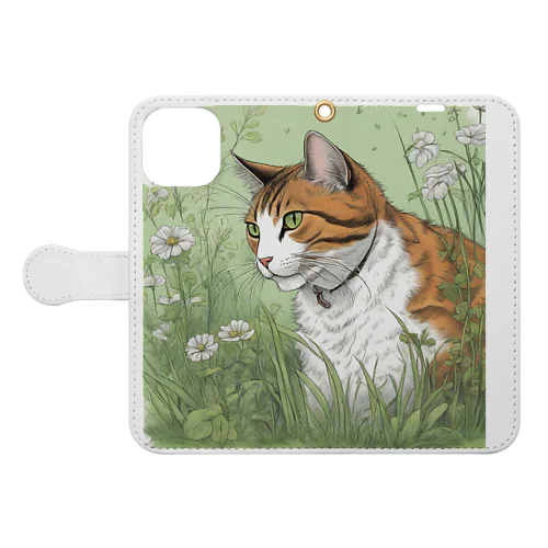 草の中の猫 Book-Style Smartphone Case