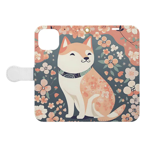 日本画風、柴犬と桜-Japanese-style painting of a Shiba Inu with cherry blossoms 手帳型スマホケース