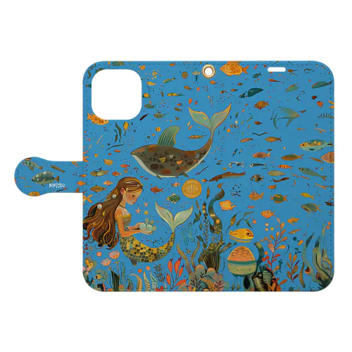 宝石を眺める人魚の手帳型スマホケース(水色) Notebook phone case of a mermaid gazing at jewels  (light blue)  Book-Style Smartphone Case