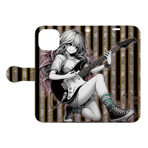 GUITAR GIRLS　6(スマホケース手帳型)　blackストライプ Book-Style Smartphone Case