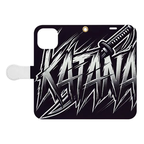 鋭利な刃の迫力を表現した「KATANA」ロゴデザイン 手帳型スマホケース