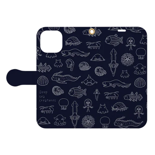 深海生物集合（ライン）ネイビー Book-Style Smartphone Case