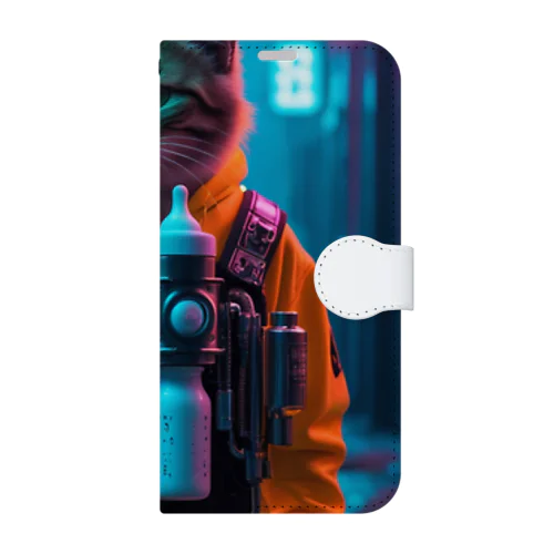 ネオンパーカーのトレンディ猫｜Trendy Cyber Cat with Neon Hoodie & Mech Bottle Book-Style Smartphone Case