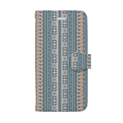 民族衣装の乙女スマホケース　刺繍　レース　ヴィンテージ　クラシック　アンティーク フラワー　ハート　 フラワー　花柄　ハート ブルー　水色 Book-Style Smartphone Case