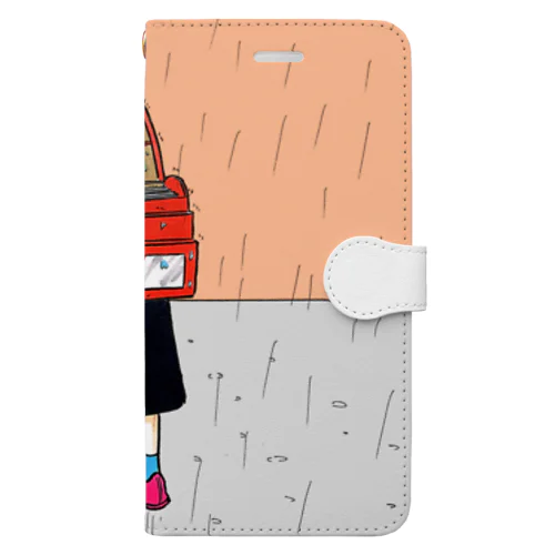 雨を避けるために教科書を犠牲にする少女 Book-Style Smartphone Case