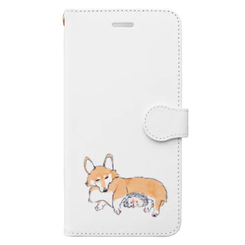 オリジナル　犬に温めてもらうハリネズミのソフィー。 手帳型スマホケース