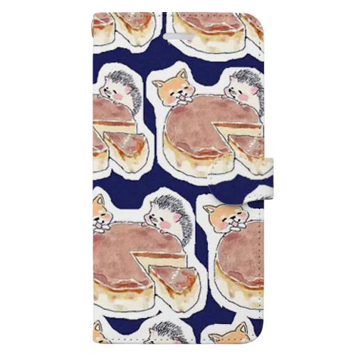 犬とハリネズミ仲良し食事（紺） Book-Style Smartphone Case