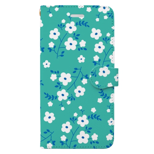 白い花柄緑背景 Book-Style Smartphone Case