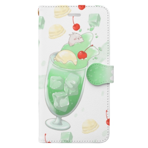 クリームソーダとまるまるつるっとしたうさぎ　ホワイト Book-Style Smartphone Case