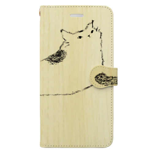 「カギしっぽの鍵で」木目の猫近手帳型スマホケース Book-Style Smartphone Case