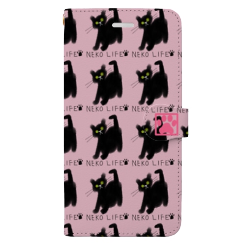 ネコライフ 青い瞳の黒猫 手帳型スマホケース ピンク Book-Style Smartphone Case