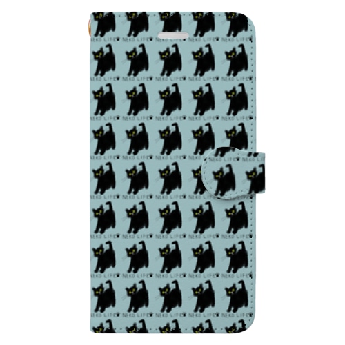 ネコライフ 青い瞳の黒猫いっぱい グリーン Book-Style Smartphone Case