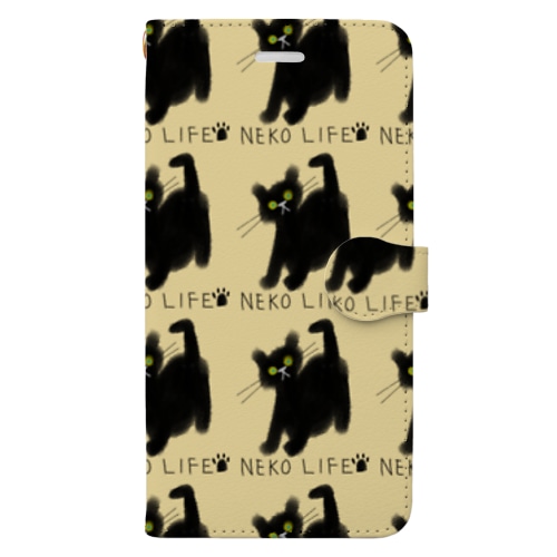 ネコライフ 青い瞳の黒猫 イエロー Book-Style Smartphone Case