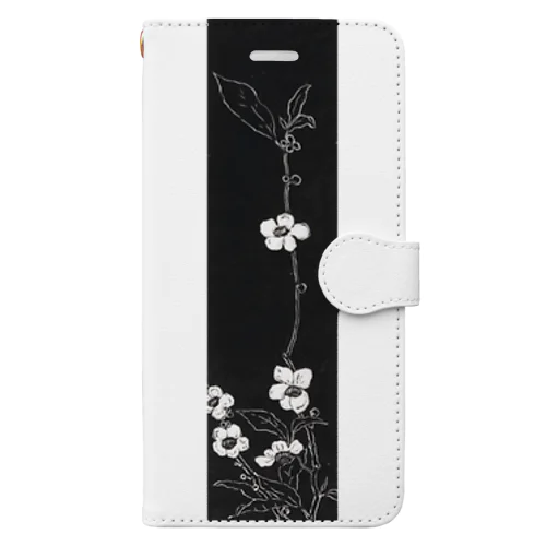 白と黒　花模様 手帳型スマホケース