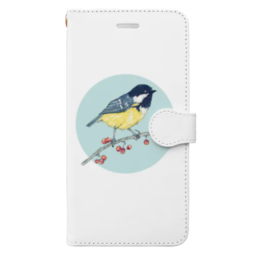 ベリーと鳥 (Great Tit) 手帳型スマホケース