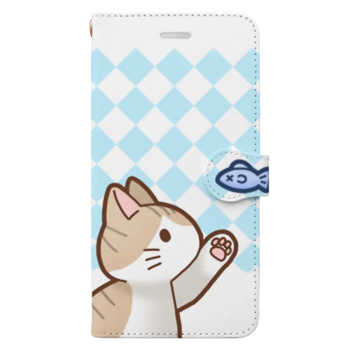 お魚にゃーバージョン２　茶白　ブルーダイヤ柄　上下白ライン Book-Style Smartphone Case